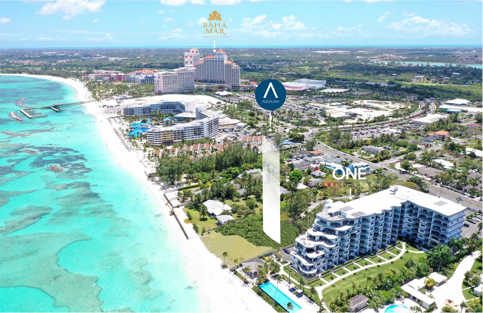 Ariel image showing proximity of Aqualina to surrounding landmarks in Nassua, The Bahamas